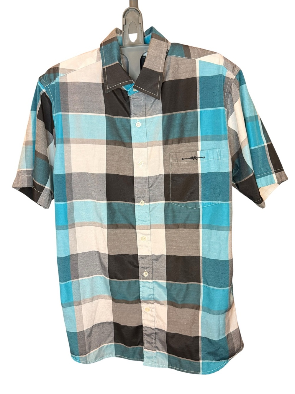 Sahara Club Size Medium Men's Short Sleeve Plaid Buttoup Shirt -teal,black/Gray